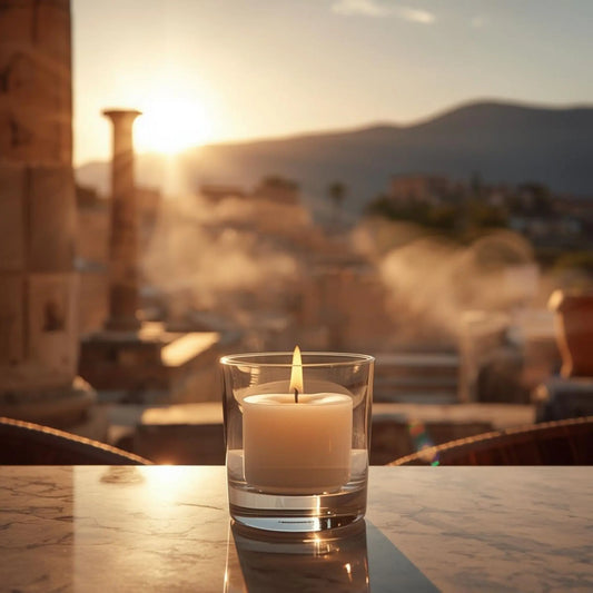 Antik Anadolu şehirlerinin ruhunu modern salonlara taşıyan lüks Odrius kokulu mum ve koku yolculuğu illüstrasyonu.