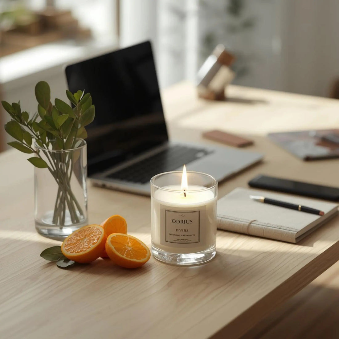 Ev ofisinde odaklanmayı artıran narenciye ve adaçayı aromalı Odrius soya mumu ile düzenlenmiş minimalist çalışma alanı.