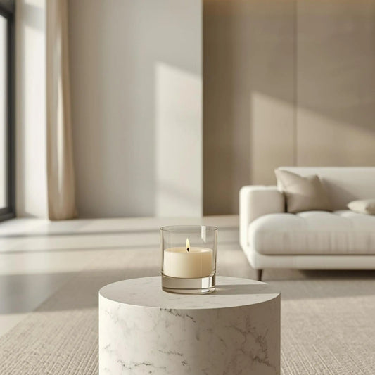 Minimalist modern ev dekorasyonunda sessiz lüksü temsil eden, beyaz mermer üzerindeki lüks Odrius kokulu mum.