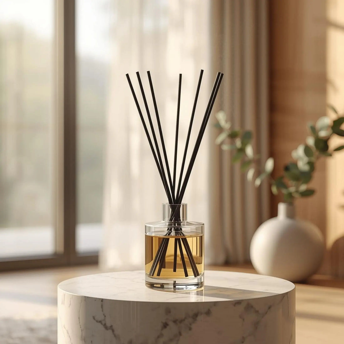 Oda kokusu yayılımını ve ömrünü artıran siyah fiber çubuklu lüks Odrius difüzörü ve güneş alan minimalist salon görseli.