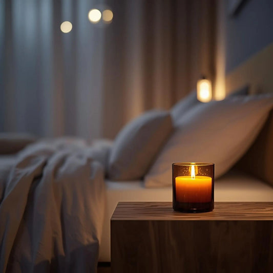 Deliksiz bir uyku ve dinginlik için yatak odası komodininde yanan doğal Odrius soya mumu ve huzurlu gece atmosferi.