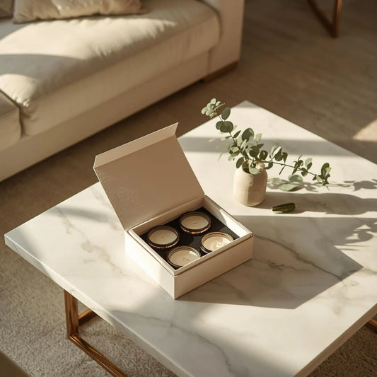 Modern ve zarif bir yeni ev hediyesi seçeneği olarak sunulan şık paketli Odrius kokulu mum ve hediye seti.