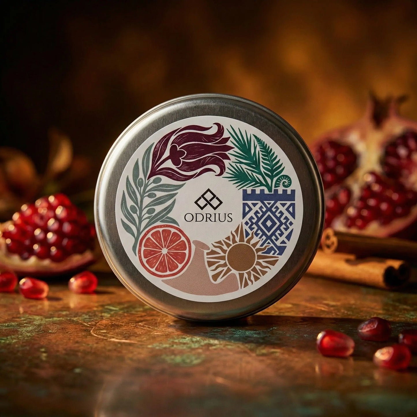 Kadim Mezopotamya topraklarından ilham alan nar ve öd ağacı kokulu Odrius Mesopotamia soya blend koku barı