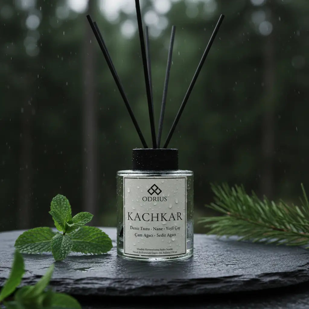 Karadeniz'in sisli çam ormanları ve yağmur sonrası toprak ferahlığını yansıtan Odrius Kachkar çubuklu oda kokusu