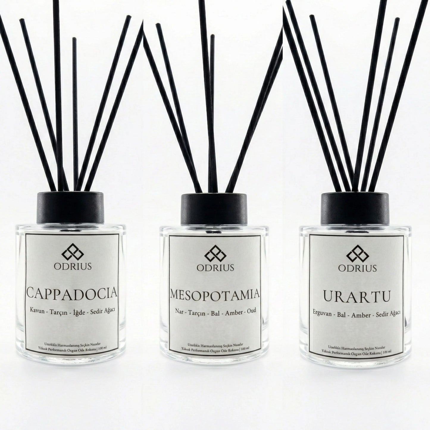 Nar, iğde ve amber notalarıyla evde bütünsel kış masalı atmosferi yaratan Odrius Sıcak Miras üçlü kalıcı çubuklu oda kokusu seti ürün çekimi