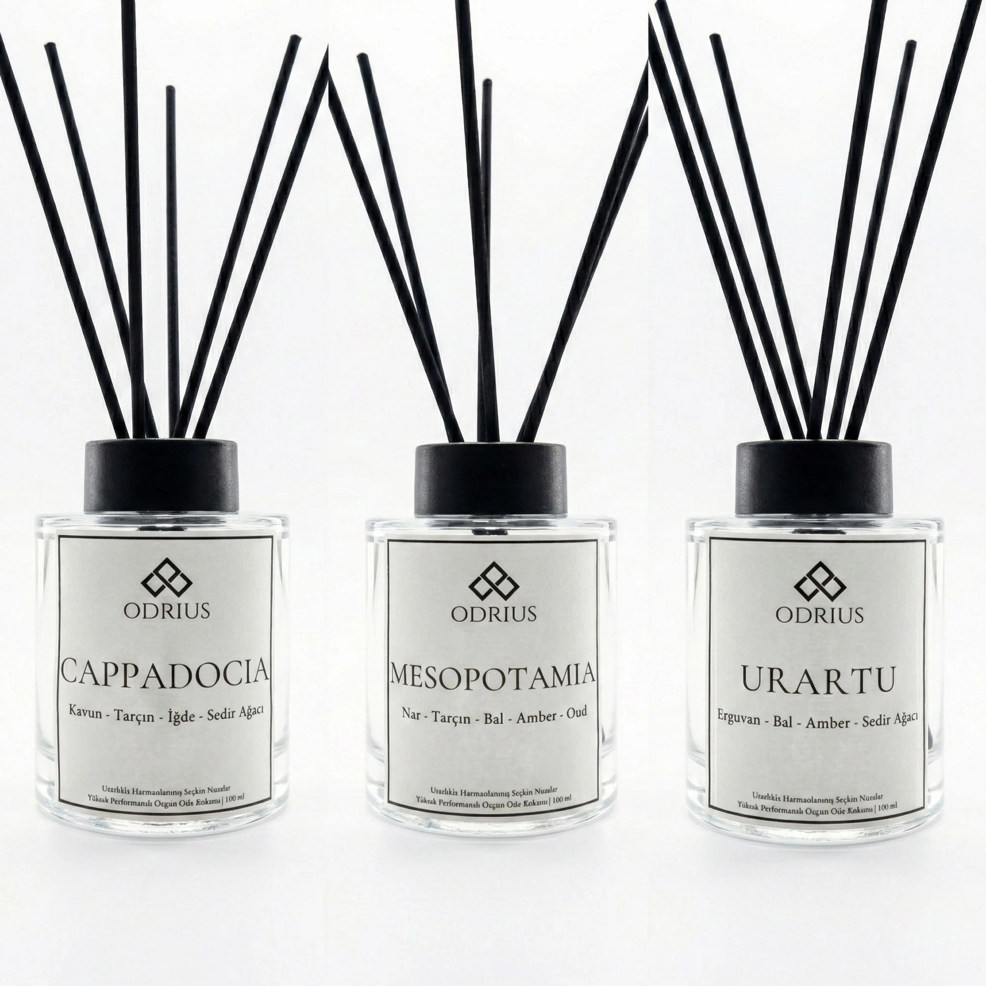 Nar, iğde ve amber notalarıyla evde bütünsel kış masalı atmosferi yaratan Odrius Sıcak Miras üçlü kalıcı çubuklu oda kokusu seti ürün çekimi