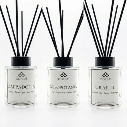 Nar, iğde ve amber notalarıyla evde bütünsel kış masalı atmosferi yaratan Odrius Sıcak Miras üçlü kalıcı çubuklu oda kokusu seti ürün çekimi